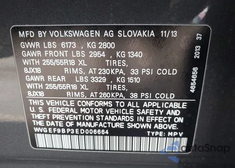 2014 Volkswagen Touareg 3.6L Sport from USA, damaged, VIN WVGEF9BP3ED006664